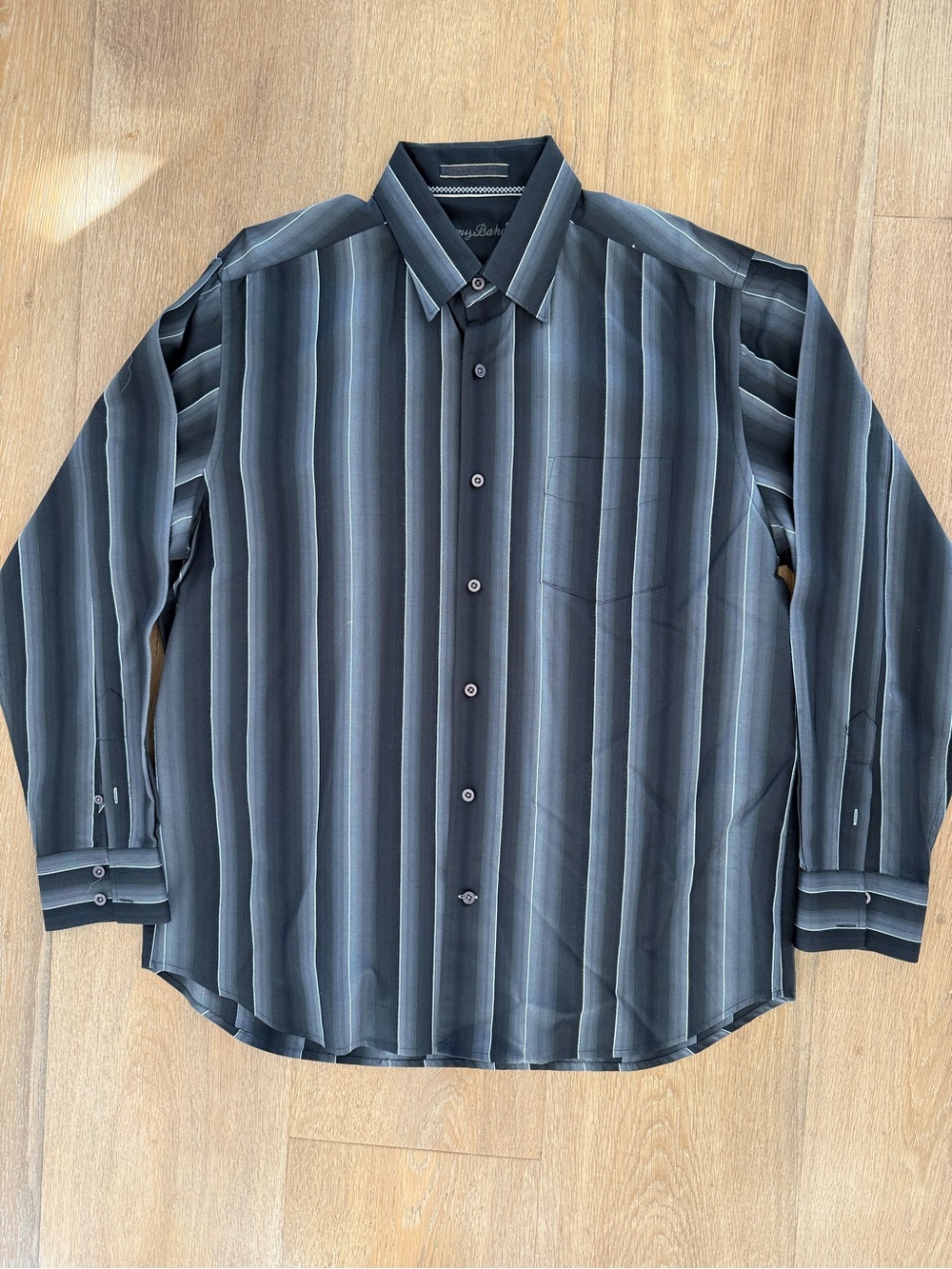 Tommy Bahama 100% silk Black and Gray Vertical Stripe Dress Shirt